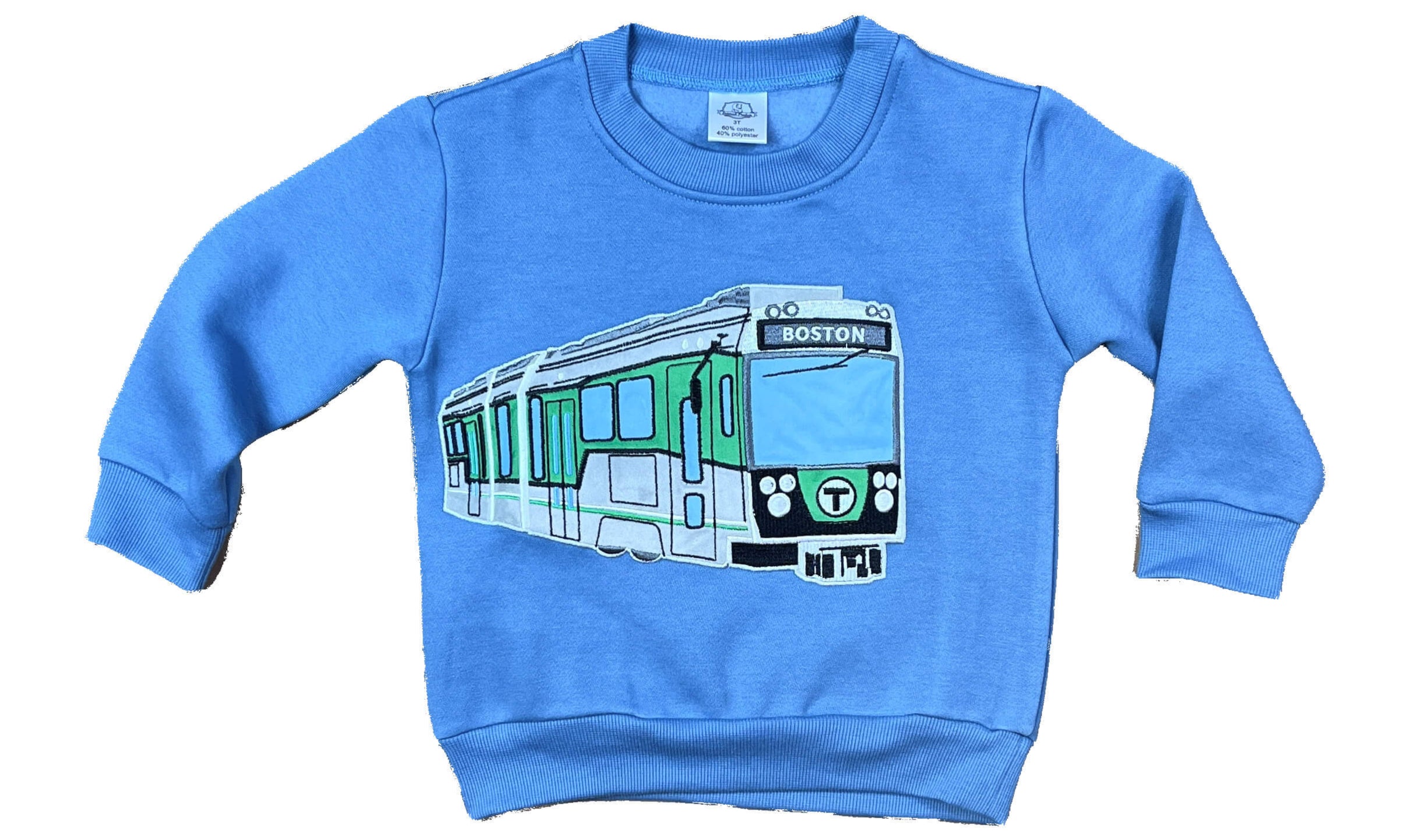 Toddler size blue crewneck sweatshirt with sewn-on Boston MBTA Green Line Type 9 Trolley applique